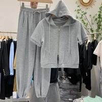 casual short sleeved sportswear suit womens 2021 summer new slim and thin short top and sweatpants two piece trouser suit