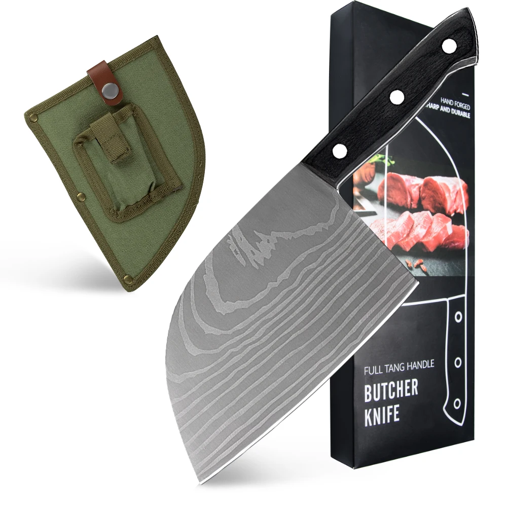 

SOWOLL Serbian Chef Knife Stainless Steel Laser Blade Butcher Knife Full Tang Meat Cleaver with Nylon Carrying Sheath Whetstone