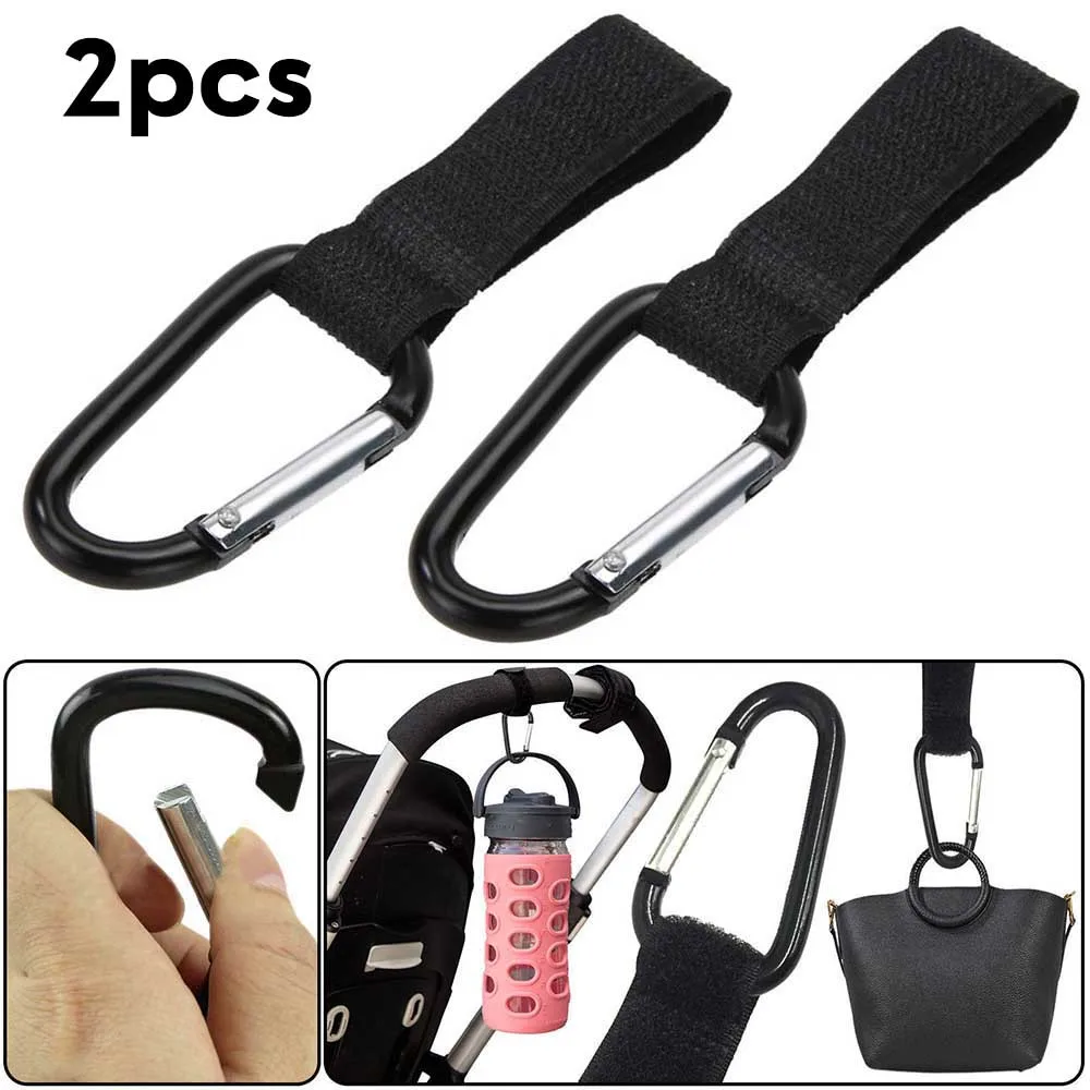 

​2pcs Universal Buggy Mummy Clips Adjustable Pram Pushchair Shopping Bag Hook Carabiner Clip Black Chrome W/ Strap Outdoor Tools