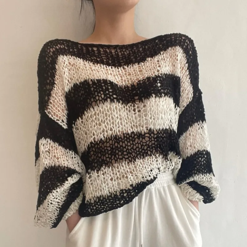 Винтажный Тонкий полосатый вязаный свитер с вырезом лодочкой и длинным рукавом