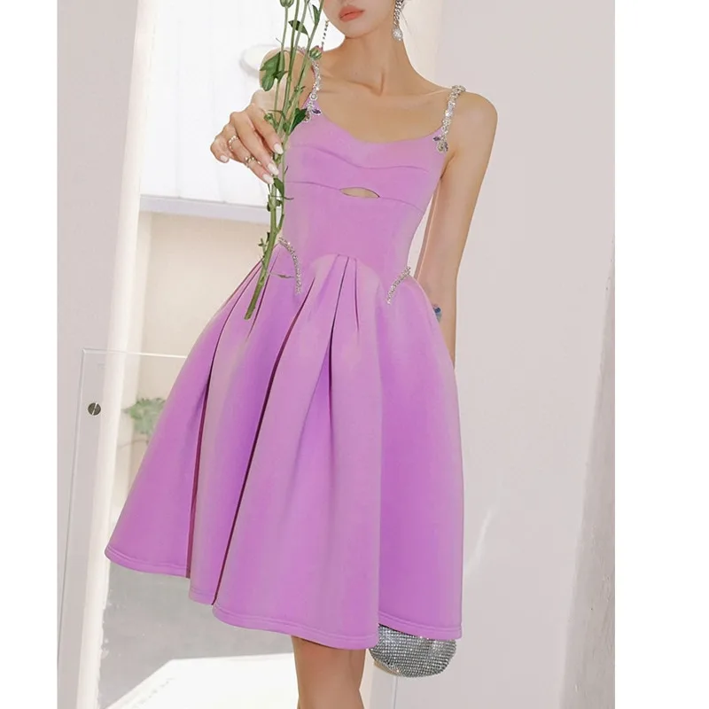 

DEAT 2021 New Women Fashion Slim Purple Strapless Sleeveless Patchwork Diamond Hollow Out High Waist Dress Summer Autumn 7E7092