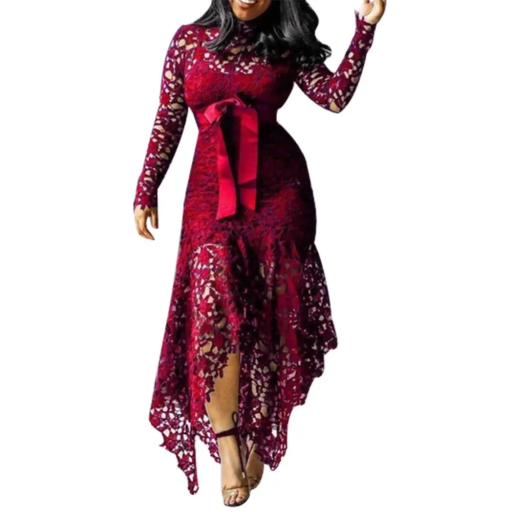 

Women Long Sleeve Bow Belted Irregular Hem Hollow Lace Sexy Bodycon Long Dress 2020