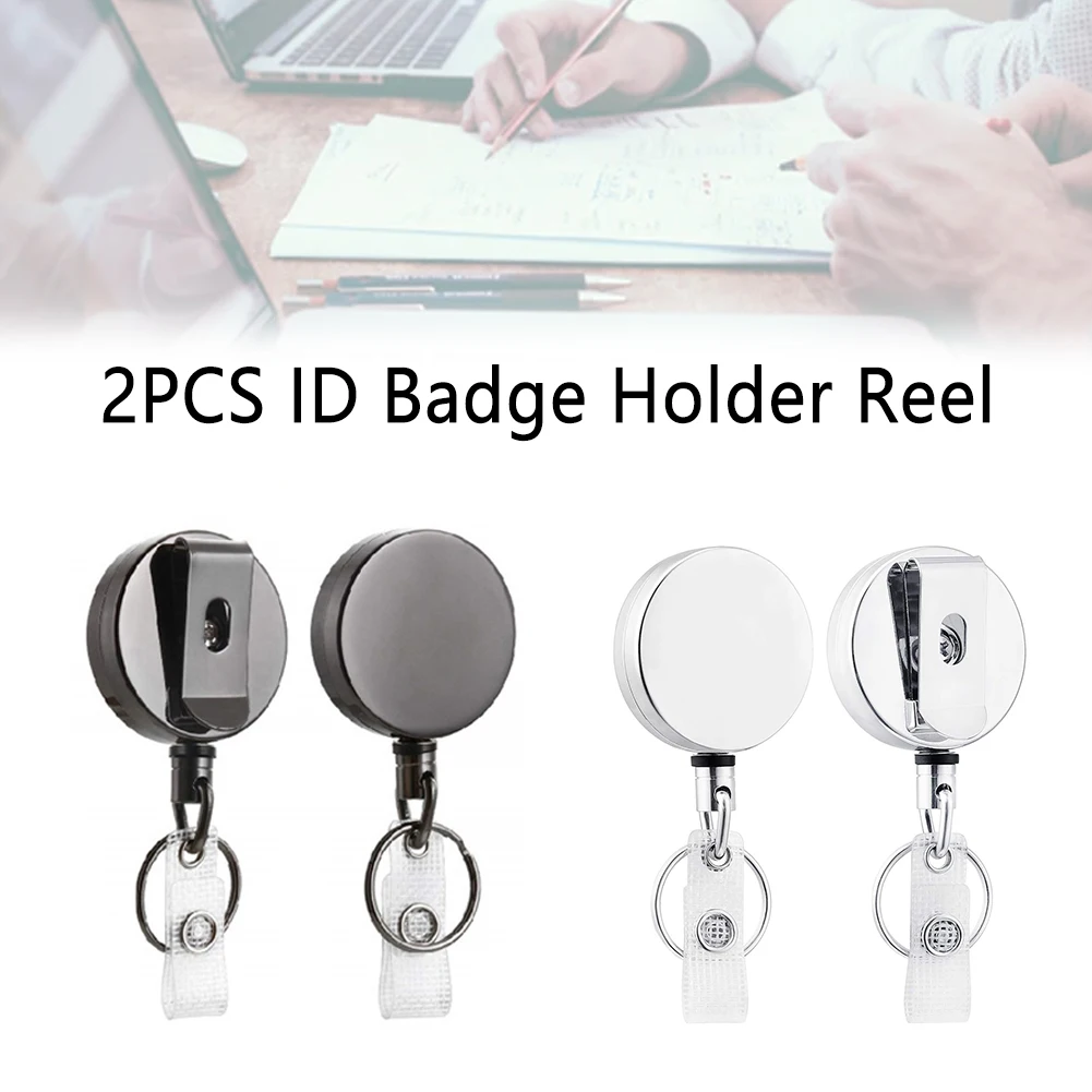 

2pcs ID Clip Office Name Card Key Ring Heavy Duty Badge Holder Reel Metal Keychain Belt Lanyard Pull Recoil Retractable