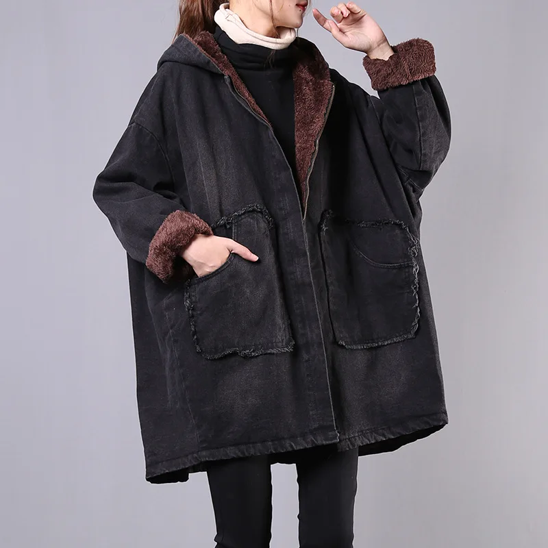 Плюс бархат деним зима новый свободный большой размер литературный рукав