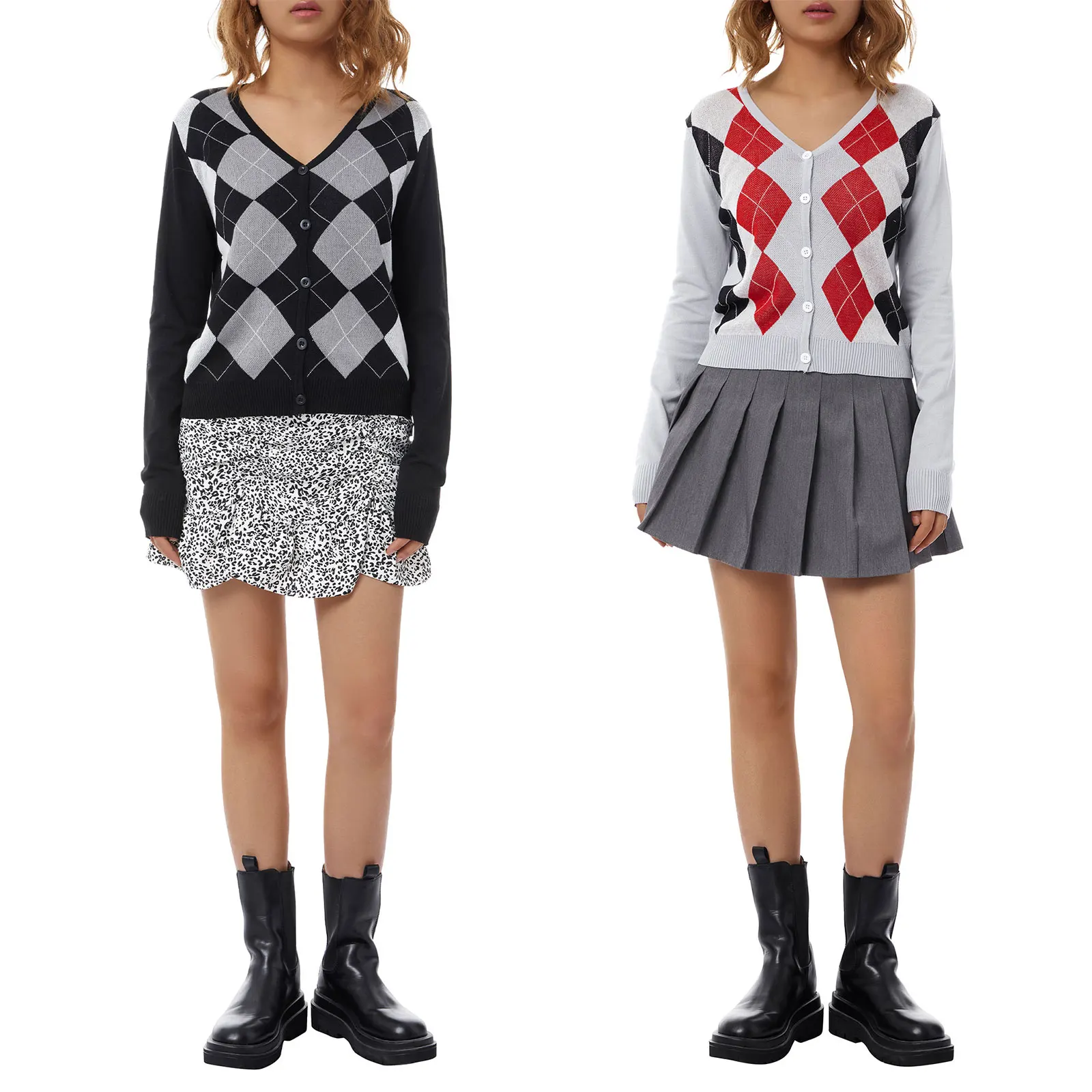 

Осенняя Женская Повседневная однобортная трикотажная одежда в стиле ретро, женское винтажное пальто в клетку со стразами и V-образным вырез...