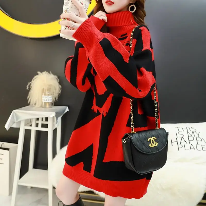 

Large size turtleneck sweater women's long thick autumn and winter 2020 new fashion loose Korean knitted coat
