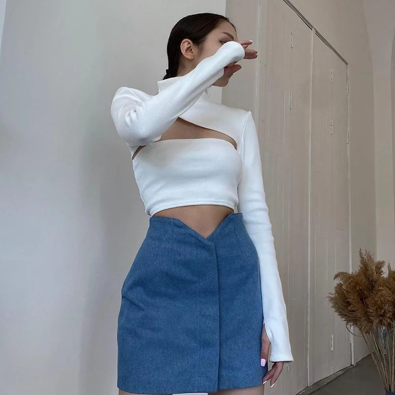 

Weekeep Sexy Hollow Out Ribbed Women Long Sleeve Turtleneck Skinny Casual Cropped Top Autumn Solid Fashion Ladies Streetwear Tee