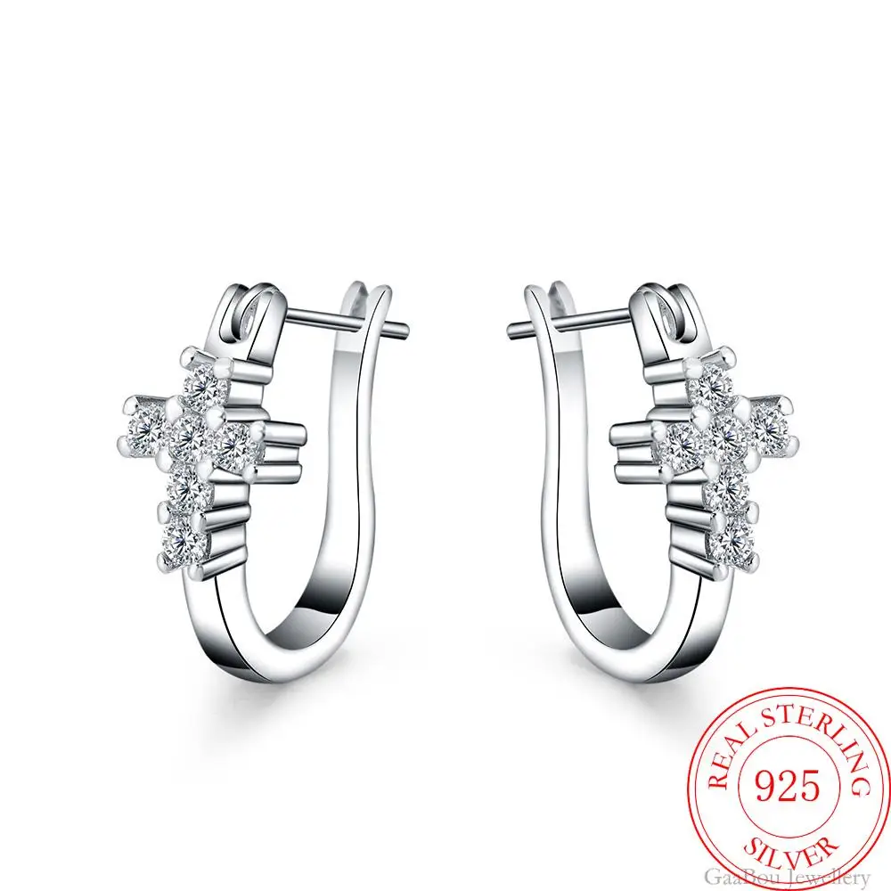 

GaaBou 2021 Trend new Silver 925 Hoops Earrings For Women Retro Zircon Cross Vintage Female Luxury Accessories For Jewelry
