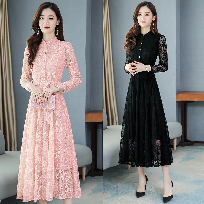 

Lace dress 2020 spring new large size women's long-sleeved temperament fashion lady long knee-length skirt