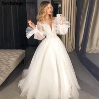 thinyfull 2022 long puff sleeves lace bride wedding dresses a line appliques v neck bridal gowns plus size wedding party gowns