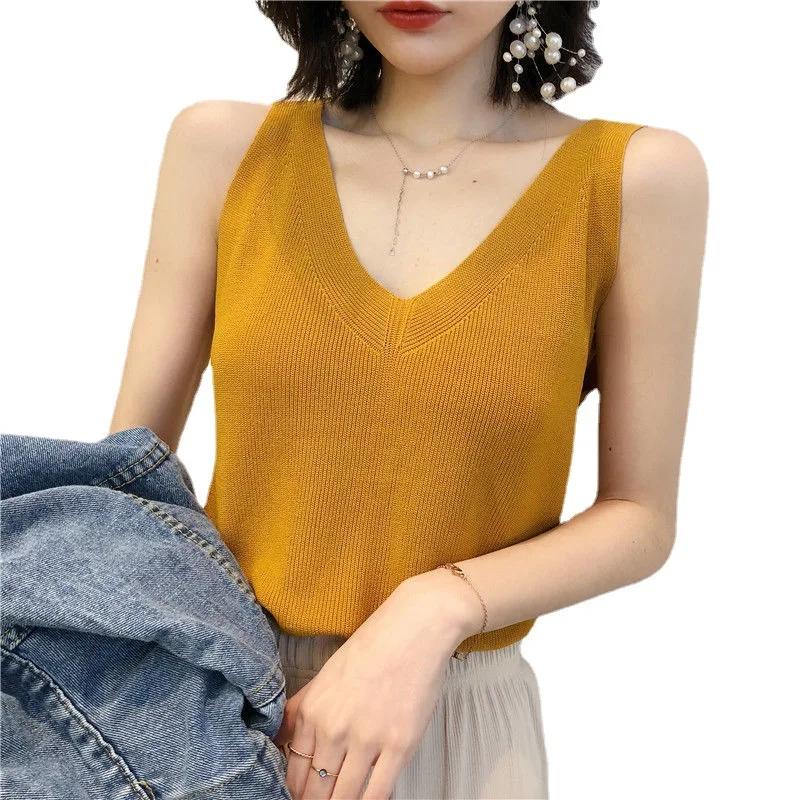 

Basic Knitted Vests Women V-neck Solid Sleeveless Tank Tops Female Summer 2021 Knit Shirt Pink Black Shirt Femme Pullover