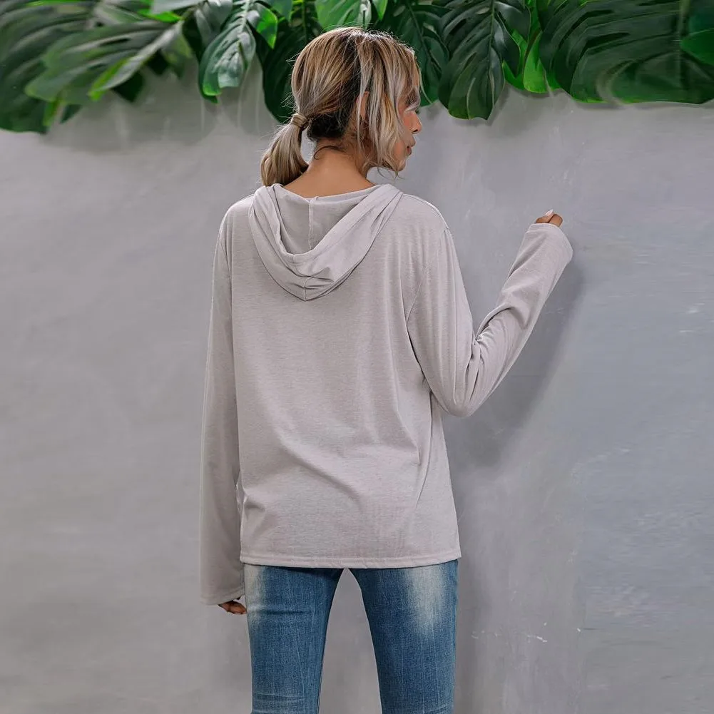 

Women's Sweatshirt with Hood V Neck Solid Color Clothing Autumn Winter Casual Fashion Long Sleeve Female Pullover