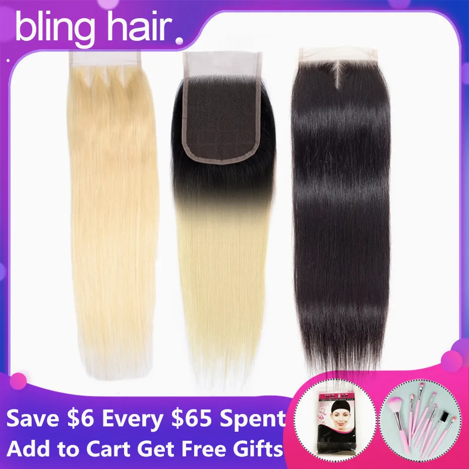 Bling волосы блонд#613 бразильские прямые человеческие волосы Закрытие 4*4 бесплатно/средняя/три части Remy кружева закрытие 1b/613 натуральный цвет