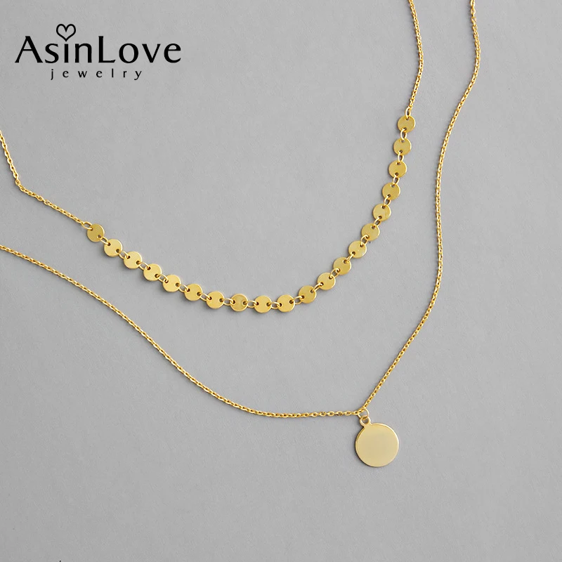 AsinLove Настоящее серебро 925 пробы Двухслойное круглое подвесное ожерелье