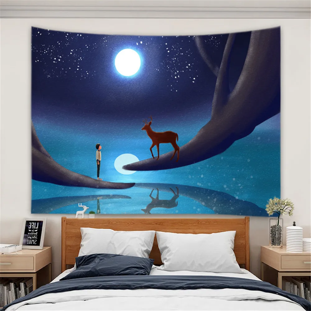 

Moon and Stars Tapestry Wall Hanging Blue Starry Galaxy Tapestry Universe Night Sky Tapestry for Bedroom Living Room