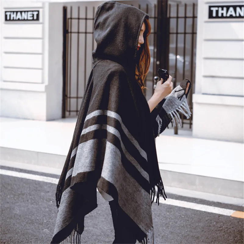 

2018 new fashion big shawls winter warm hooded wrap cashmere poncho plaid capes outwear cardigans sweater coat tassel