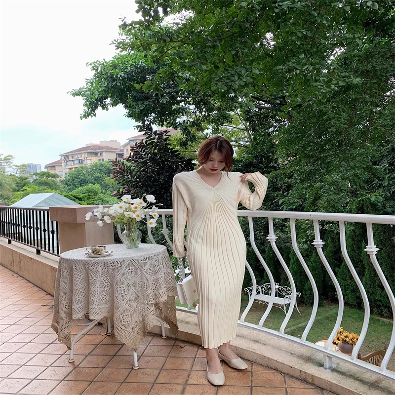 

Вязаное платье-свитер с длинным рукавом, Элегантное длинное женское платье, 2021, Длинная тонкая юбка, Осень-зима, вязаное платье