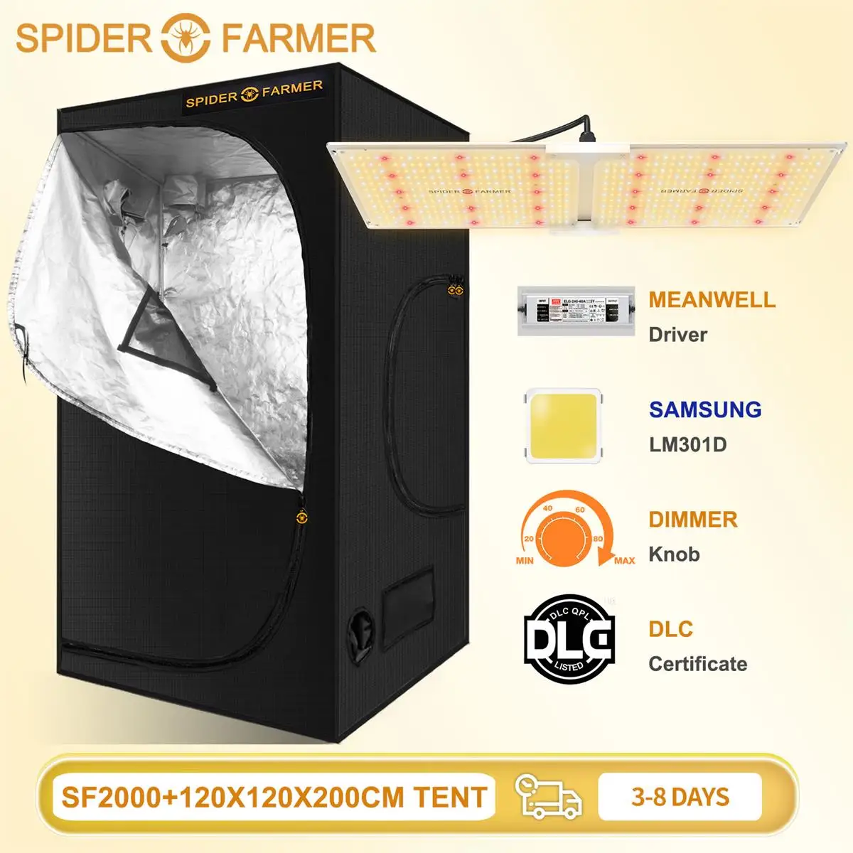 

Spider Farmer SF 2000 Samsung Led LM301D Led Grow Light Dimmable and 120x120 Reflective Aluminum Grow Tent for Indoor Plants