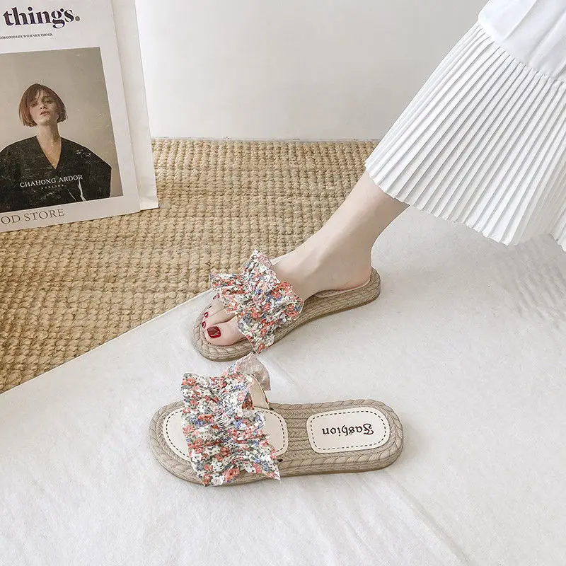 

Women Summer Casual Slides Outdoor Comfortable Flax Slippers Striped Bow Linen Flip Flops Platform Sandals Ladies Indoor Shoes