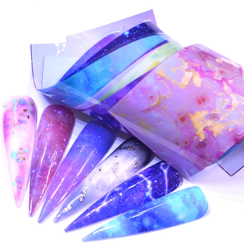 

WUF 2020 NEW Nail Foil Sticker Set Holographic Starry Sky Adhesive Wraps Transfer Paper Marble Shining Nail Art Decal Gel Slider