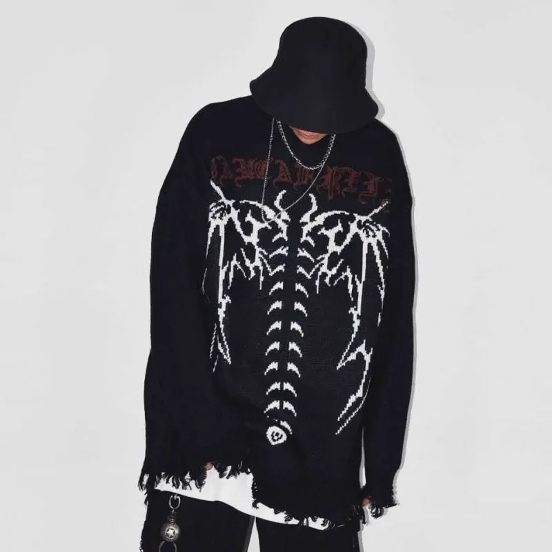 

Mens Hip Hop Streetwear Harajuku Sweater Vintage Retro Knitted Sweater 2021 Autumn Winter Black Loose Cotton Pullover Unisex