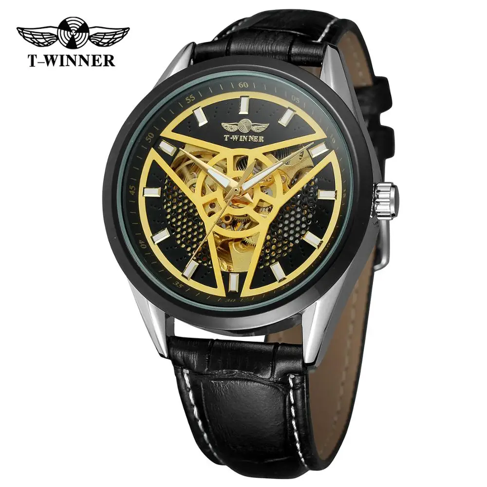 

WINNER Trend модные мужские часы циферблат черный чехол черный кожаный ремешок полые треугольные автоматические механические часы
