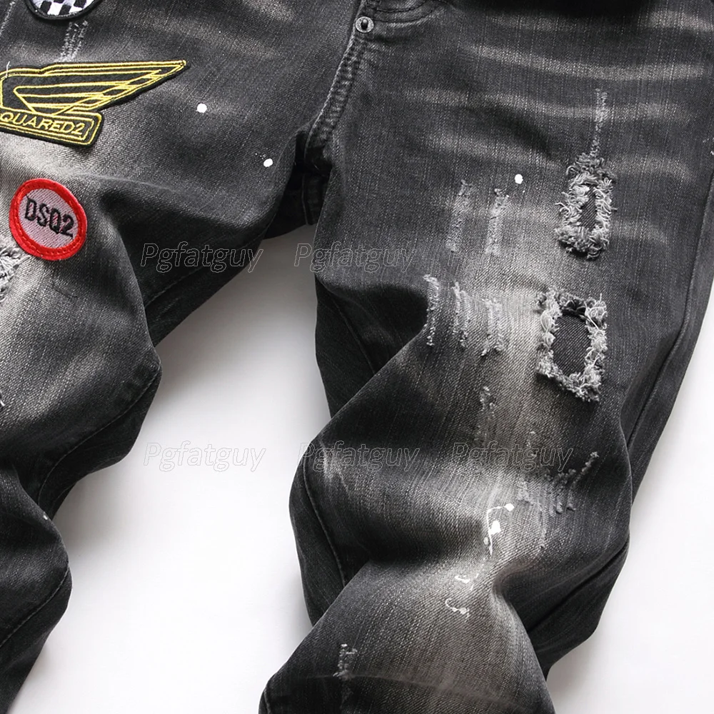 

Men's Slim Patch Stretch Jeans 2021 Ripped Biker Embroidery Denim Pants Destroyed Hole Taped Scratched High Quality Trousers