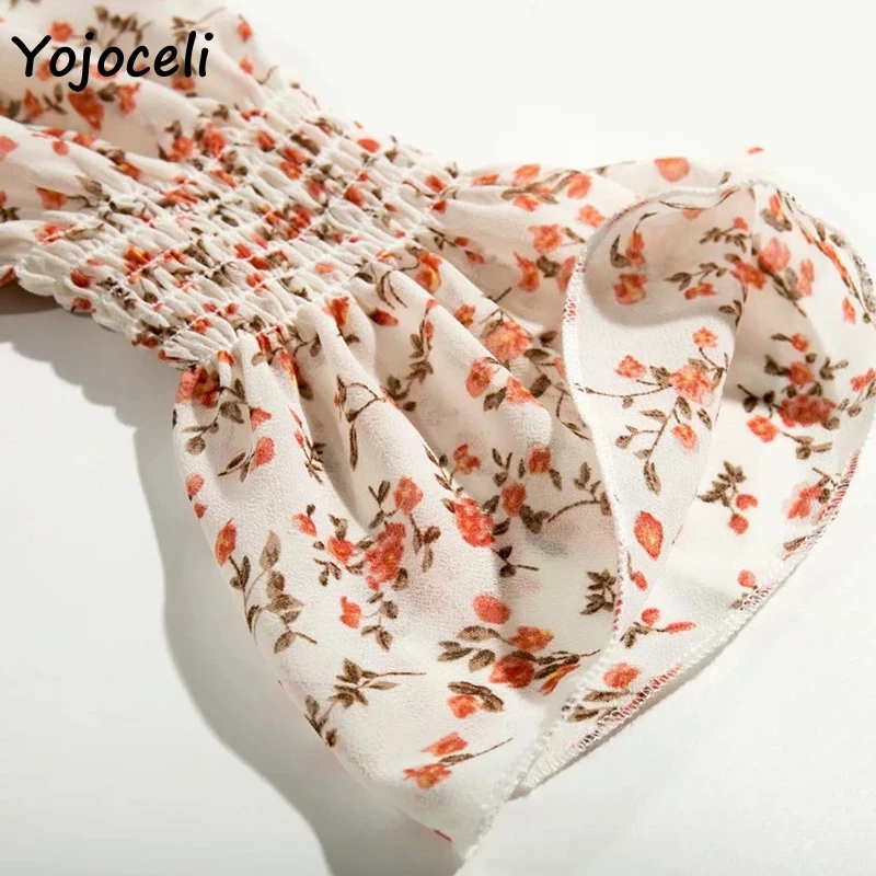 Yojoceli, сексуальное платье с цветочным принтом, гофрированное, женское, квадратный вырез, длинный рукав, тонкое, мини платье, шифоновое платье