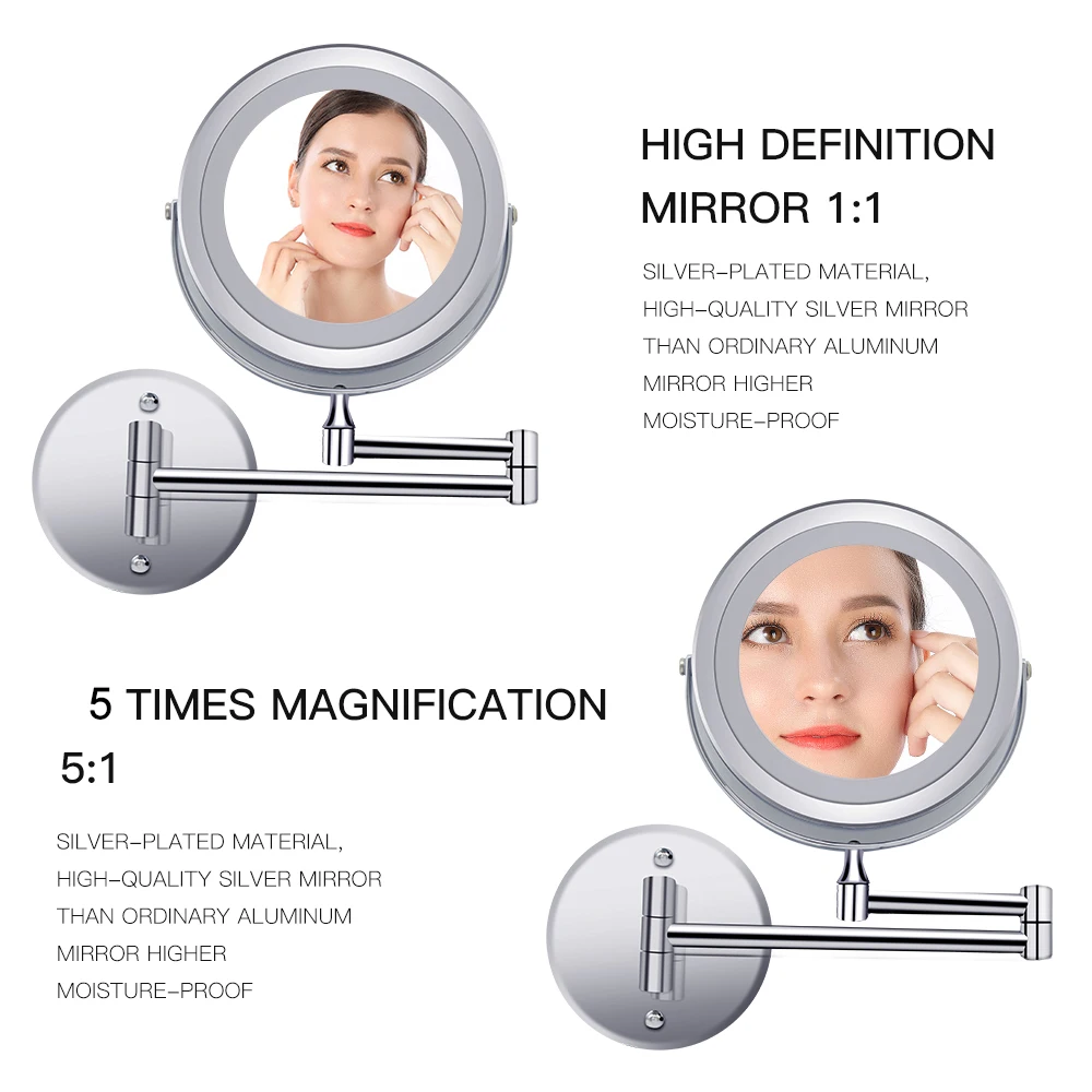 Настенное зеркало для ванной светодиодное косметическое с увеличением 1X/5X