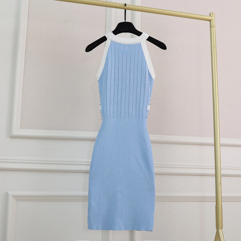 

2021 Summer New Women's Beading Bowknot Knee-length Knitted Dress Ladies Fashion Solid Slim Waist Slimming A-line O-neck Dress