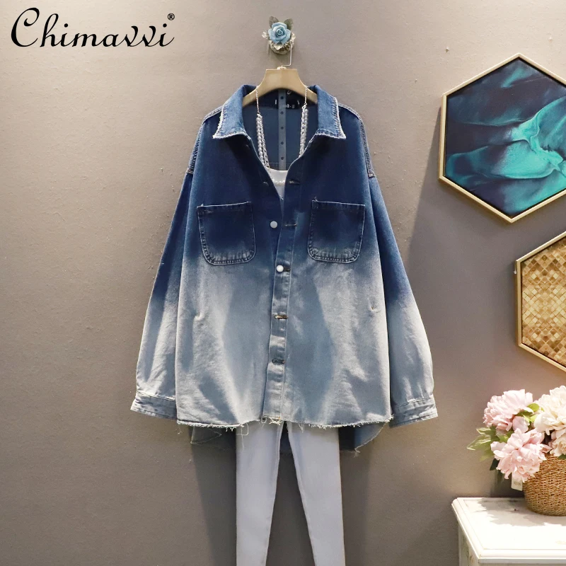 

Women Autumn Korean Style Gradient Color Denim Shirt Long Sleeve Loose Jeans Shirt Female Button Up Casual Denim Shirt Top