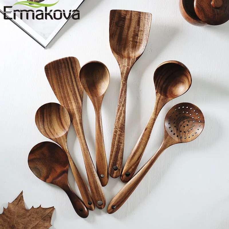 ERMAKOVA Таиланд тиковое дерево натуральное столовая ложка ковш Тернер с дуршлаг для