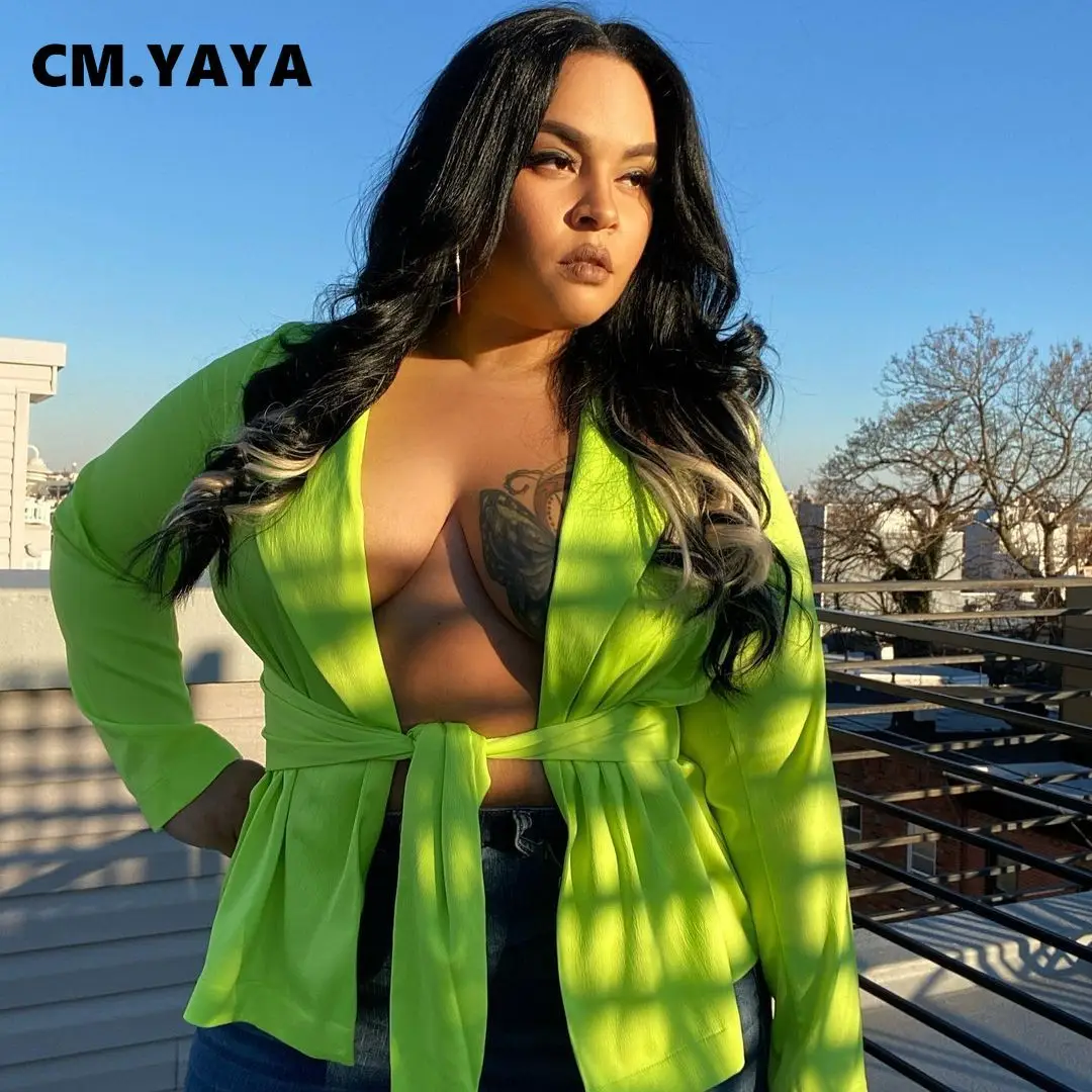 

Женский блейзер большого размера CM.YAYA, однотонный Повседневный офисный пиджак с поясом, осень 2021