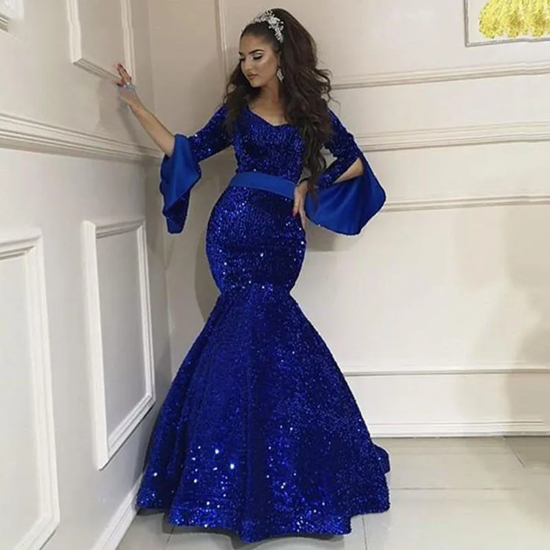 

Vinca Sunny Sexy Royal Blue Mermaid Evening Dress Flare Sleeve Shiny Sequin Formal Dress Party Gown robe de soiree Prom Gowns