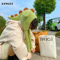 funny and moving dinosaur shaped plush hat role playing cute cartoon warm ear protection cold proof cap