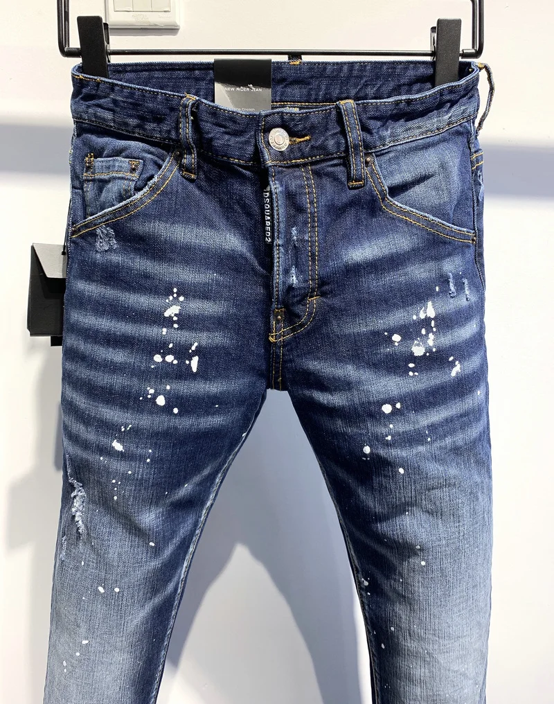 DSQUARED2 Men's/Women's Washed Blue Simple Slim-Fit Stretch Hole Patch Jeans 9702