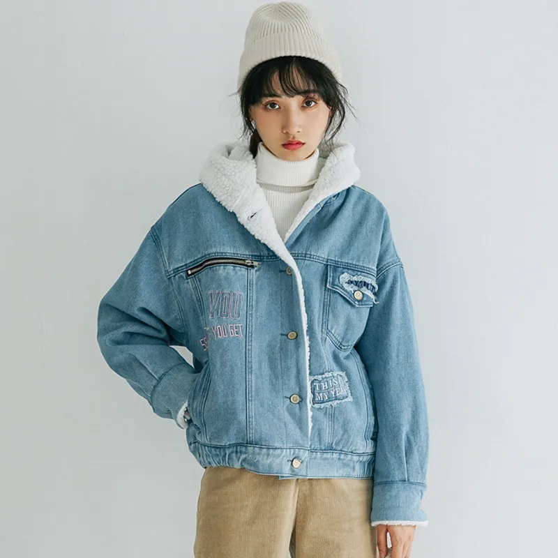 Зимнее плотное теплое флисовое джинсовое пальто для женщин Студенческая