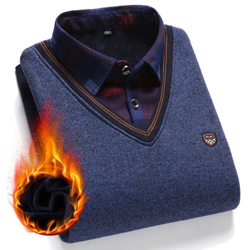 

Velvet Fake Two Sweaters Men Pullover Pulls Homme Men Shirt Collar Sweater Plush Knitted Korean Plush Trend Casual Clothing Men