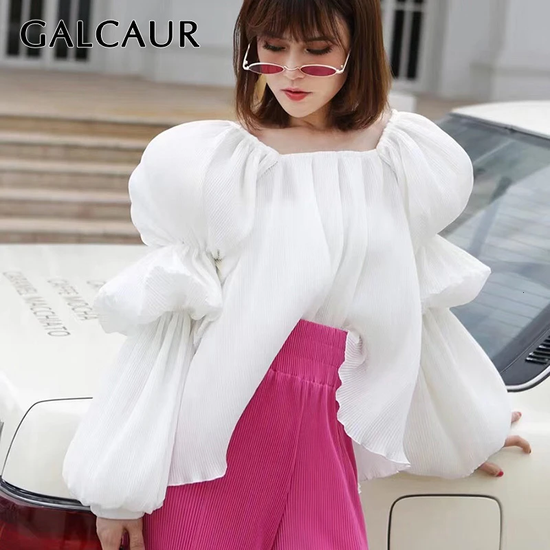 Женские блузки с рукавом фонариком GALCAUR белые большого размера квадратным