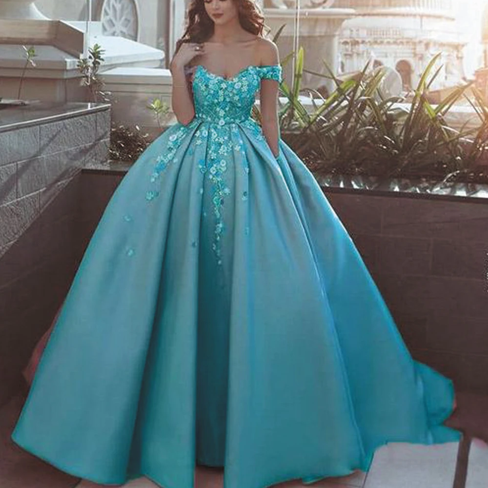 

SuperKimJo Vestidos Do Baile De Finalistas Turquoise Blue Elegant Prom Dresses 2021 Floral Lace Applique Prom Gown