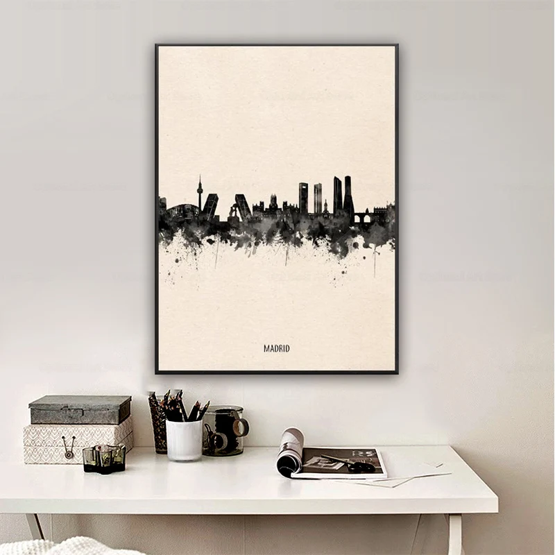 

Madrid City Black ink Abstract Canvas Art Painting Print Wall Poster For Living Room Decoration