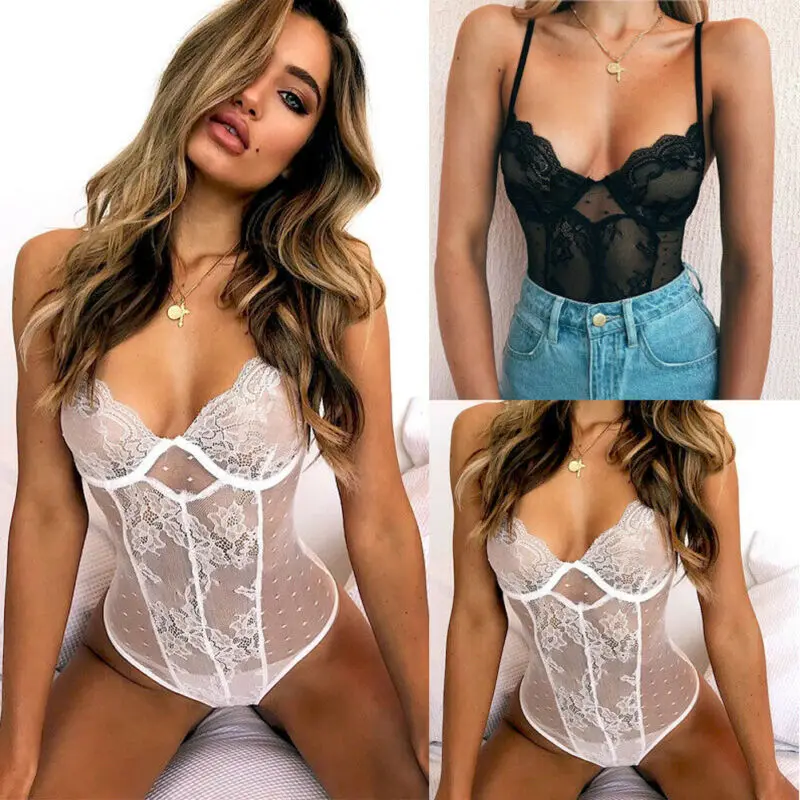 Женский сексуальный кружевной комбинезон на бретельках топы с пуш ап сетчатые