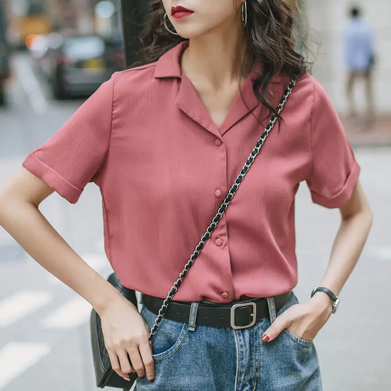 

Shirt Female 2022 Spring New Style Suit Collar Retro Korean Professional Lapel Short-sleeved Solid Color Jacket Button Up Shirt