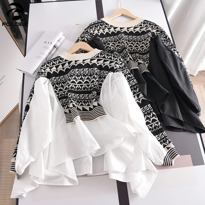 

FOLOBE 2021 Spring Auyumn Fashion Knitted T-Shirt Women Geometric Pattern Patchwork White Shirt Puff Sleeve Loose Tops Female