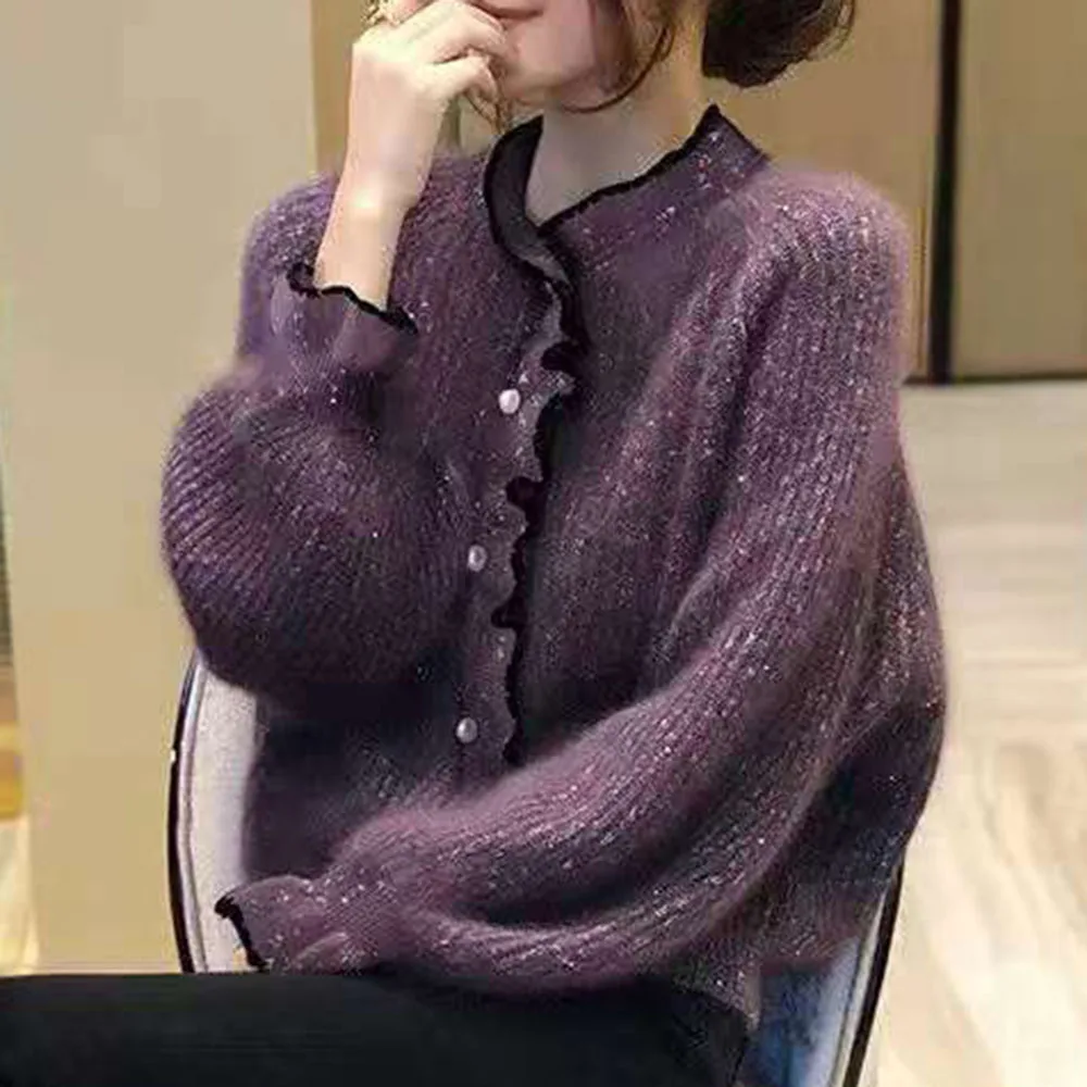 

Korean Fashion Women Sweater 2021 Autumn Winter New Fungus Splicing Long Sleeve Single Breasted Purple Knit Cardigan