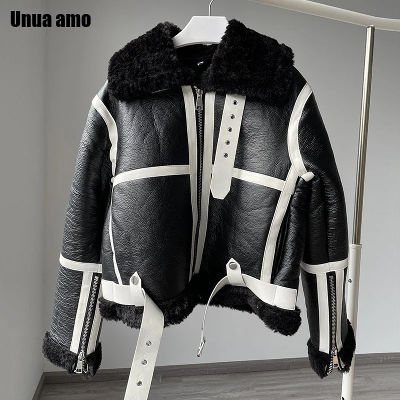 Unua amo Women Winter Artificial Fur PU Leather Jacket Thick Motorcycle Outwear Female Warm Lambswool Faux Fur Plush Coat