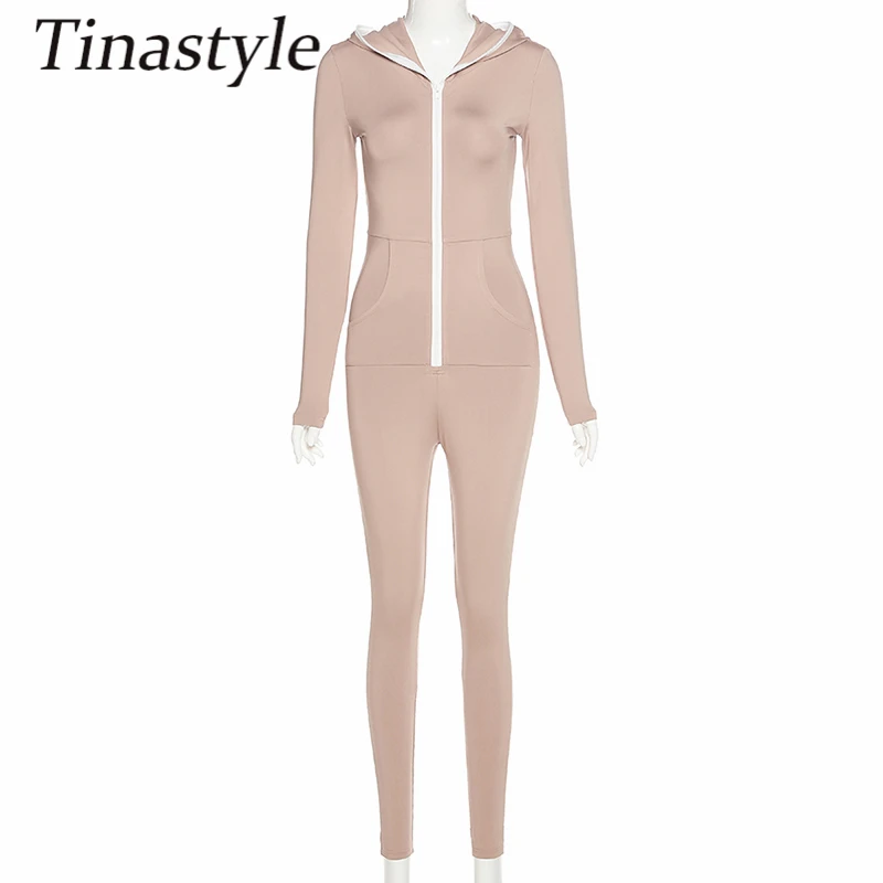 

Tinastyle Zipper Hoodie Sexy jumpsuit Women Pants 2020 Autumn Winter Long Sleeve Bodycon Active Streetwear Work Out Rompers