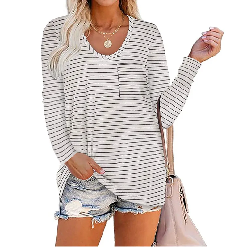 

Spring Autumn Fashion Women Long Sleeve Loose Casual Tshirt Cotton Pockets O-neck Striped Tee Shirt Femme Tops