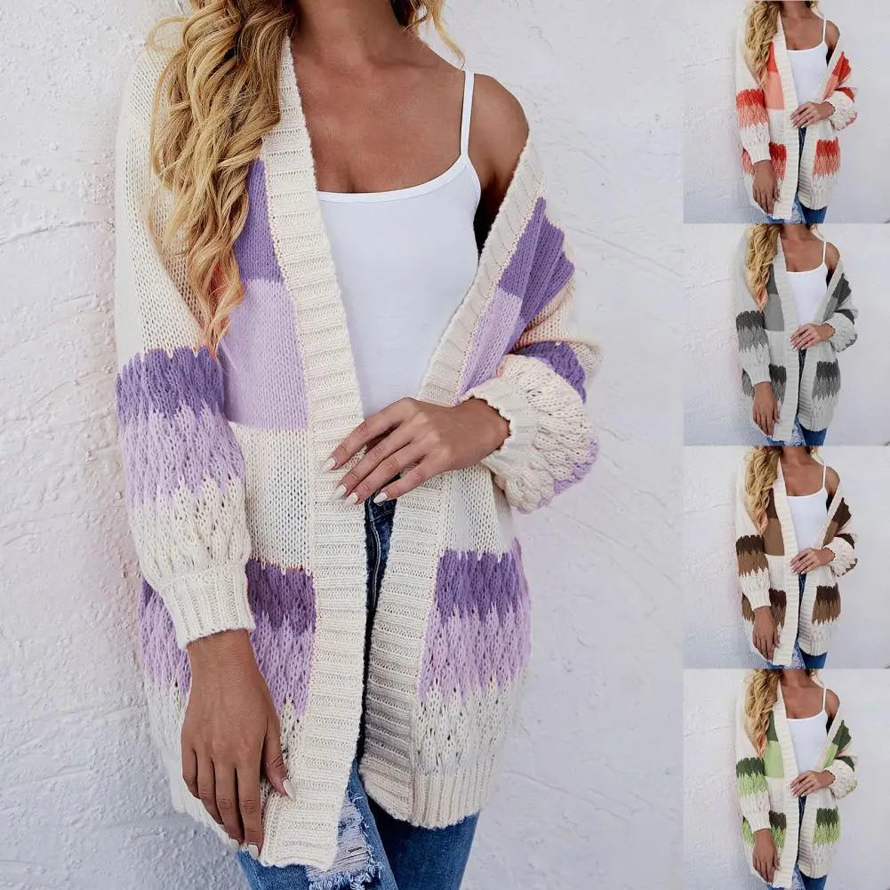 

Women Sweater Coat Contrast Color All Match Autumn Winter Warm Open Stitch Coat for Daily Wear