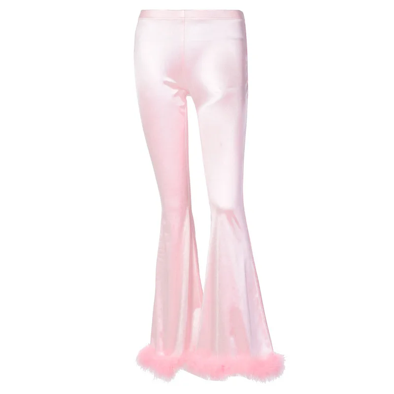 

2021 Pink Stretch Slim Boot Cut Woman Glossy Trousers Sweet Hairy Female High Waist Flare Pants Downy Casual Streetwear